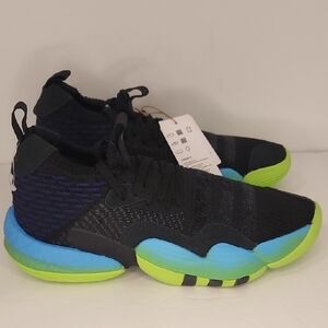 Black and Blue Athletic Sneakers with Neon Green Soles